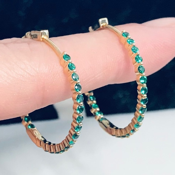 Lab Emerald Inside Out Hoop Earrings - Picture 1 of 11